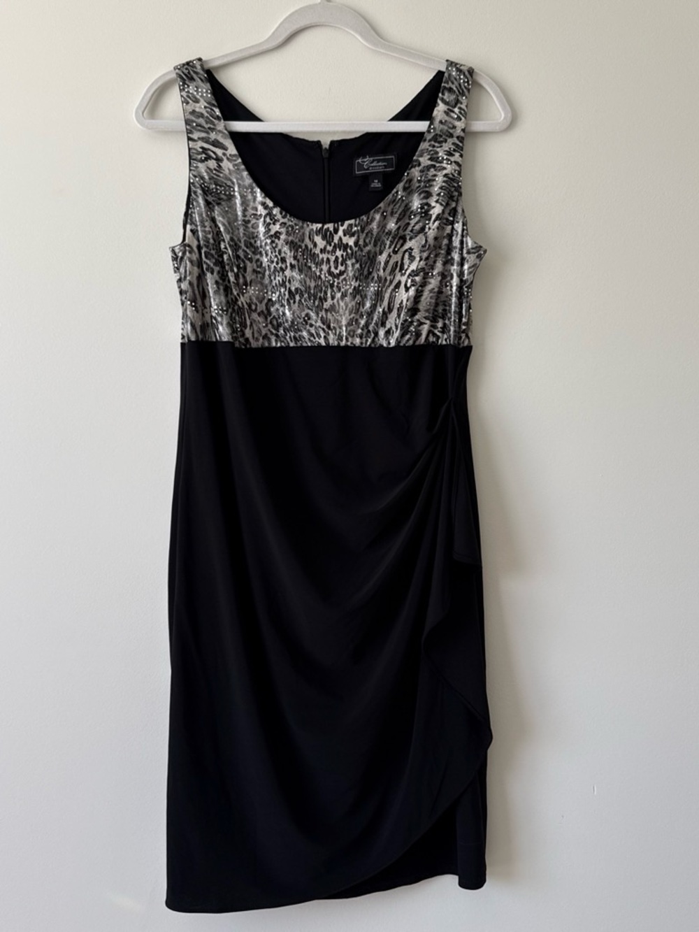 Dressbarn leopard print black ruched midi dress size 10